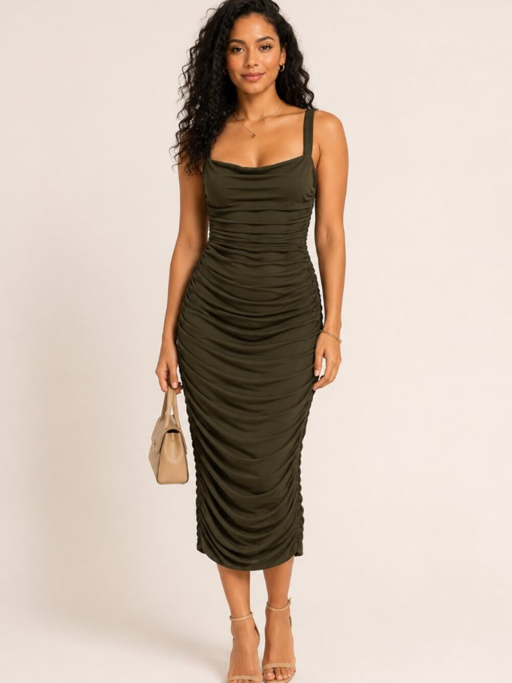 NWT Fashion Nova Ruche To The Dance Floor Olive Ruched Midi Dress M